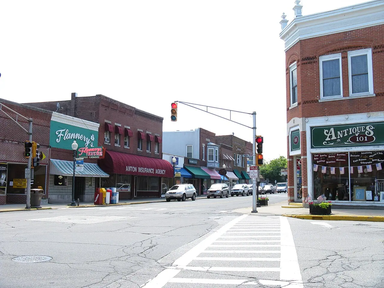 Brick storefronts at downtown Chesterton's main intersection