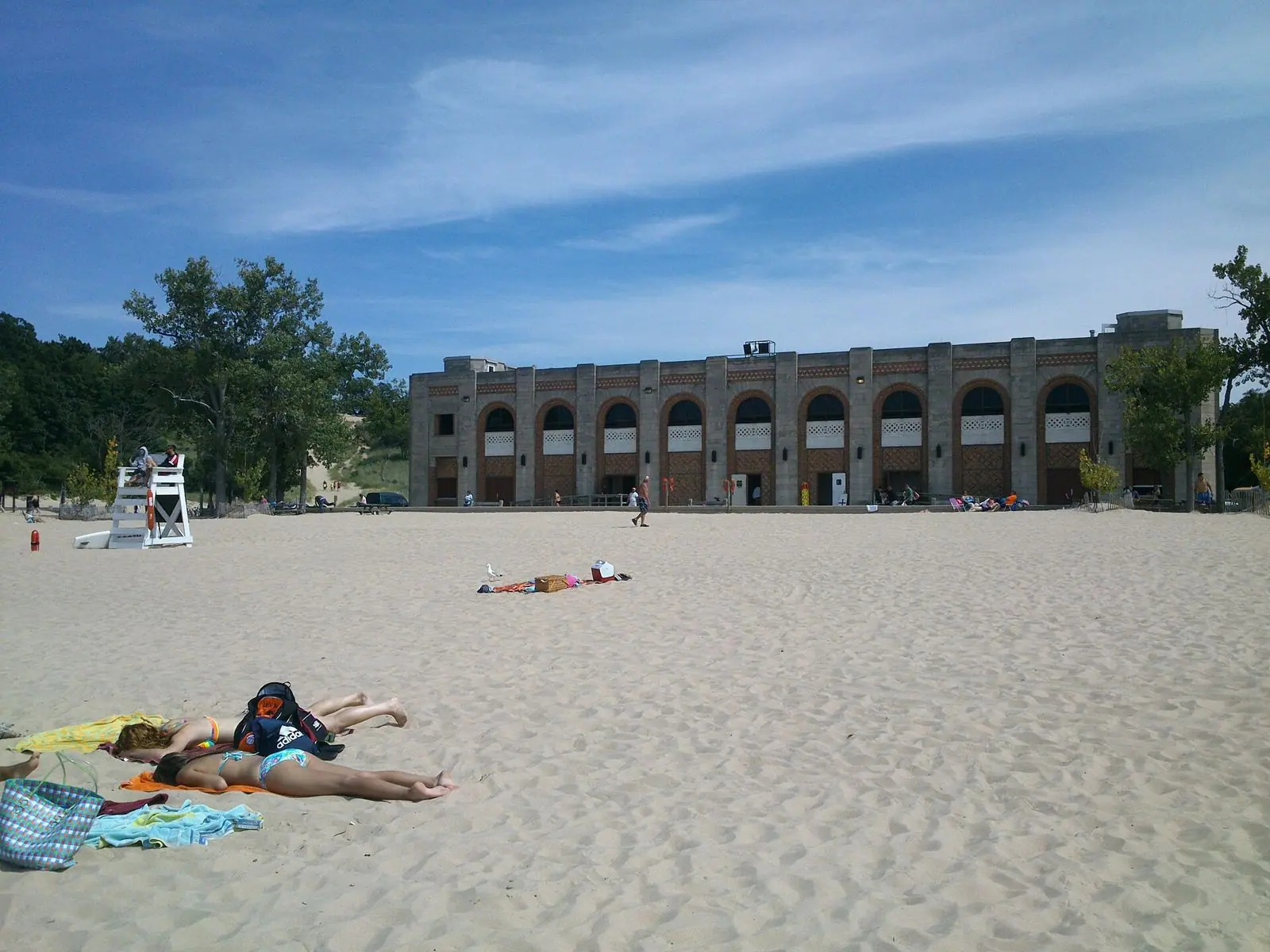 Indiana Dunes State Park beach with the historic pavilion behind it