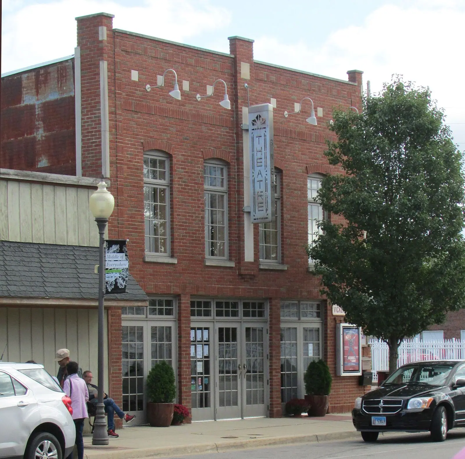 Brick facade of the Vickers Theatre in Three Oaks