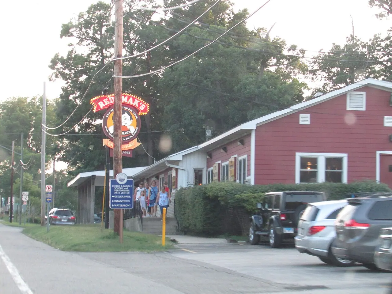 Redamak's red clapboard building and neon sign on Buffalo Street